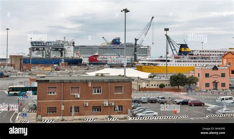 LIVORNO, ITALY - JULY 11, 2019: Ships moored in ferry port terminal ...