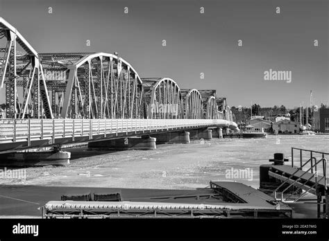 Historic bascule bridge in Sturgeon Bay Wisconsin during winter with snow and ice Stock Photo ...