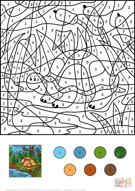 Turtle in Pond Color by Number | Free Printable Coloring Pages