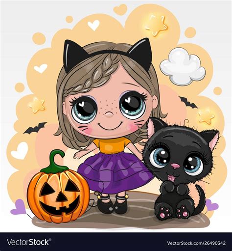 Halloween card with girl and black cat on a Vector Image Halloween ...