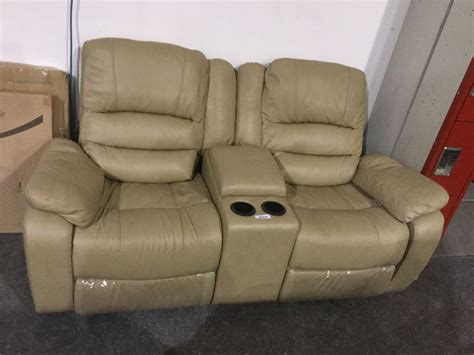 Beige Leather Reclining Loveseat w/ Cup Holders