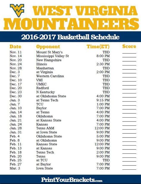 Wvu Basketball Schedule Printable