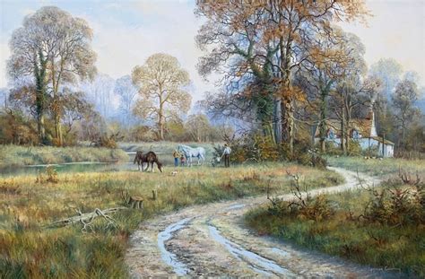 Oil Painting of Rural English Countryside Scene with Horses & Cottage by Stream – Ascot Studios