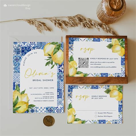 Lemon Bridal Shower Invitation RSVP Template Blue Tile Bridal Shower ...