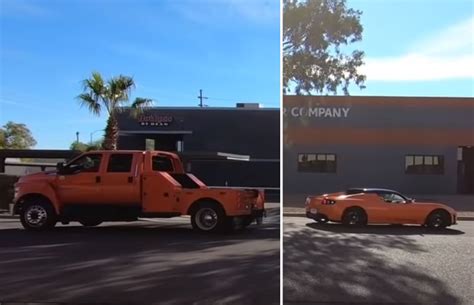 Original Tesla Roadster Enters Tug of War with Ford F-650 Tow Truck ...