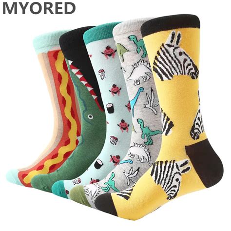 MYORED 5 pair/lot happy for funny male socks bright colored mens long socks combed cotton ...