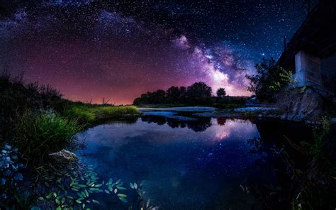 Wallpaper Beautiful night, pond, house, starry, sky, stars 1920x1440 Picture, Image