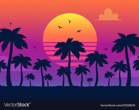 Purple sunset on palm icons backdrop Royalty Free Vector