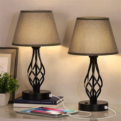 Set of 2 Bedside Table Lamps with Dual USB Charging Ports and Single AC Outlet - Walmart.com