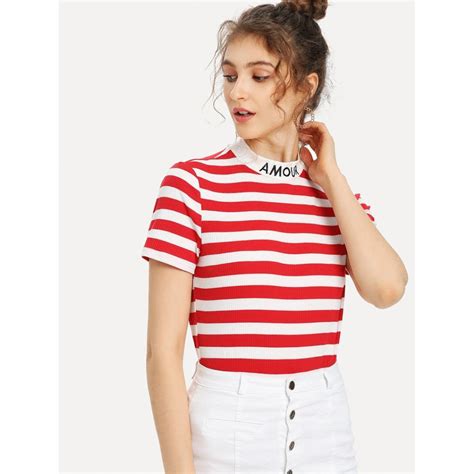 Embroidered Mock Neck Striped Ribbed T-shirt | Fashion, Women, How to roll sleeves