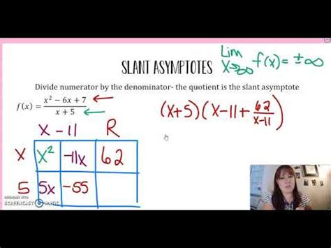 Precalculus Finding Slant Asymptotes Dividing Polynomials with Box ...