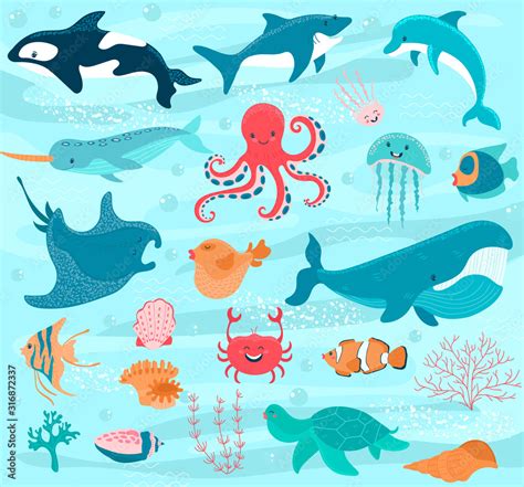 Underwater world, ocean animals cartoon characters, vector illustration. Whale, dolphin, shark ...