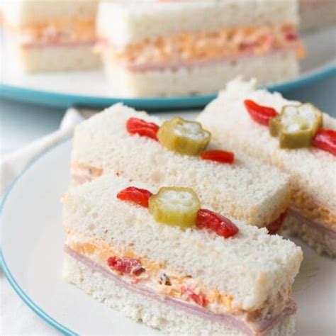 Ham and Pimento Cheese Tea Sandwiches with Pickled Okra Garnish - Pinch ...