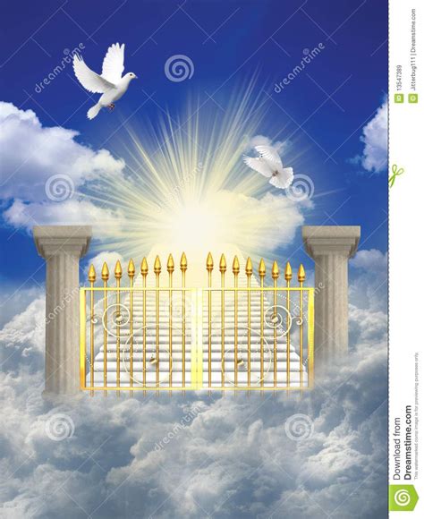 an open gate to heaven with doves flying over the gate and clouds in the sky