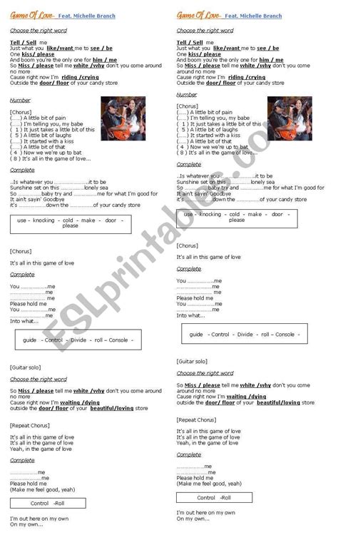 GAME OF LOVE - song, Santana feat. michelle Branch - ESL worksheet by nair