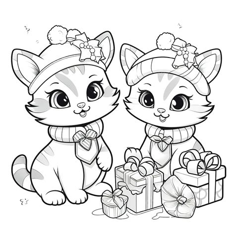 Cartoon Cats Characters With Presents On Christmas Time Coloring Book ...