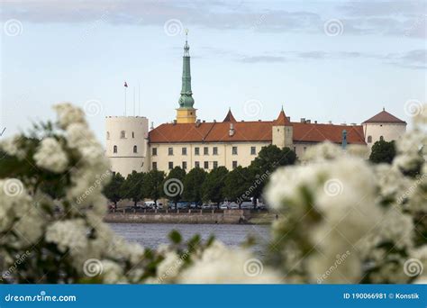 Riga, Latvia. View of Riga Castle and Flowering Bush Foreground Stock ...