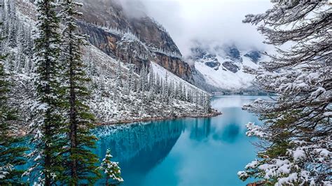 Lake, Canada, Mountains, Fog, forest, Moraine, lake, winter - For desktop wallpapers: 3840x2160