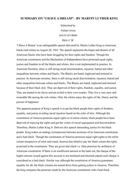 I have a dream - Lecture notes 7 - SUMMARY ON “I HAVE A DREAM”- BY MARTIN LUTHER KING Submitted ...