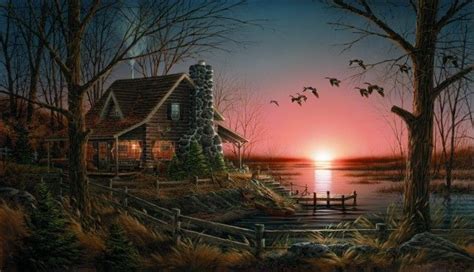 Comforts of Home - Redlin Art Center | Terry redlin, Small log cabin, Lakeside cabin