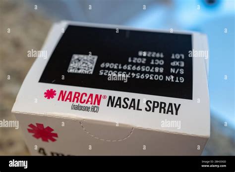 Close-up of box with logo for Narcan brand Naloxone nasal spray in ...