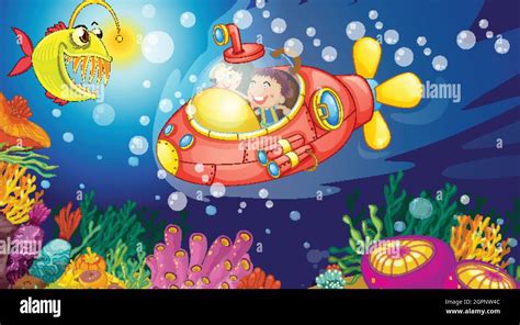 Underwater scene with happy kids in submarine exploring undersea illustration Stock Vector Image ...