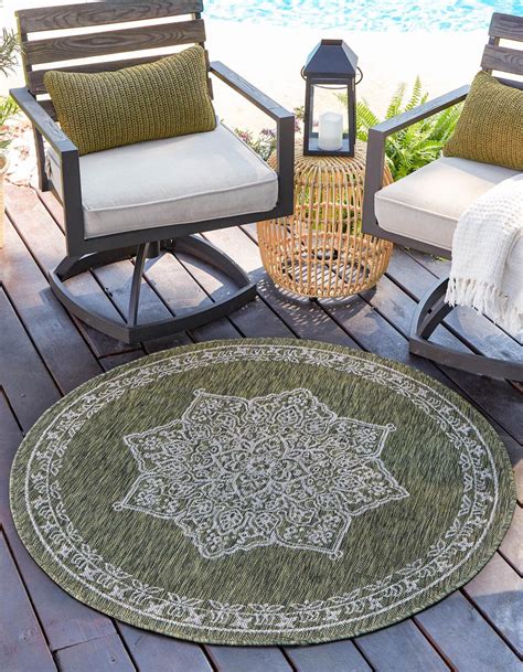 Green 122cm x 122cm Outdoor Traditional Round Rug | AU Rugs