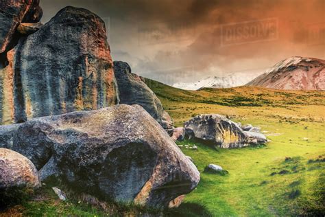 Castle Rock at sunset, Canterbury, New Zealand - Stock Photo - Dissolve