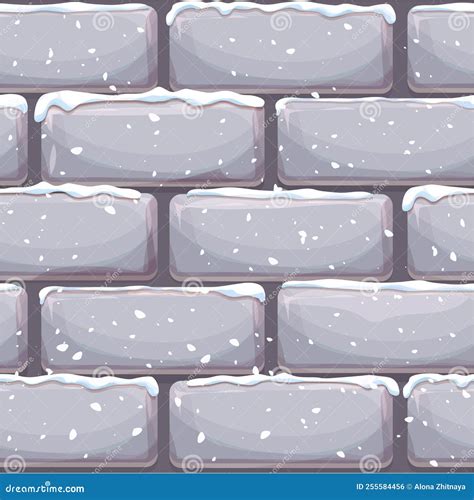 Brick Wall with Snow, Stone Bricks, Rock Surface in Cartoon Style, Winter Seamless Background ...