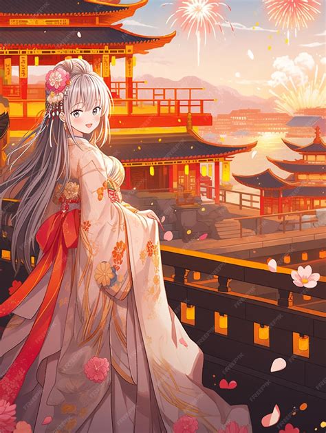 Premium Photo | Anime girl in a kimono dress standing on a bridge overlooking a pagoda generative ai
