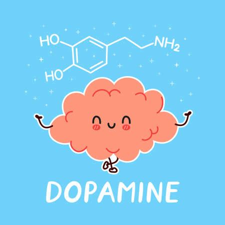 Cute funny human brain organ character and dopamine formula. Vector hand drawn cartoon kawaii ...