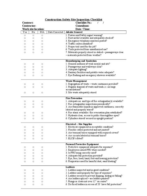 Construction Safety Inspection Checklist | Ladder | Personal Protective Equipment