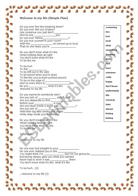 welcome to my life / simple plan - ESL worksheet by pachita0719