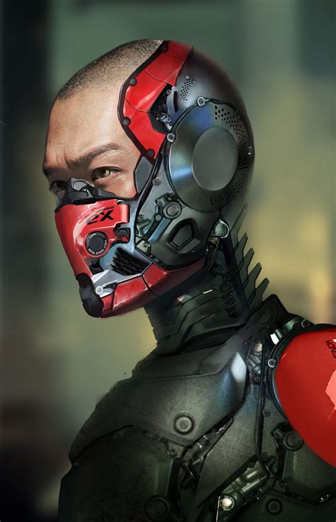 a man in a red and black suit with his face painted like a human robot