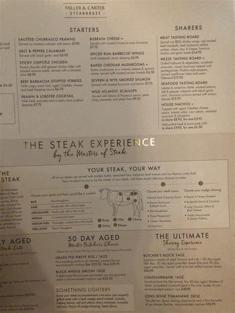 Menu at Miller & Carter steakhouse, London, 87 Muswell Hill Broadway