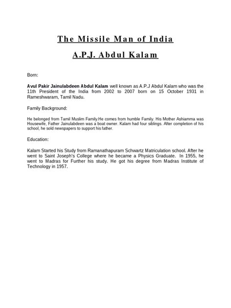 The Missile Man of India A.P.J. Abdul Kalam | PDF