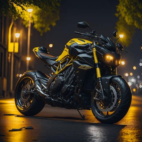 Premium Photo | A yellow motorcycle parked on a street at night