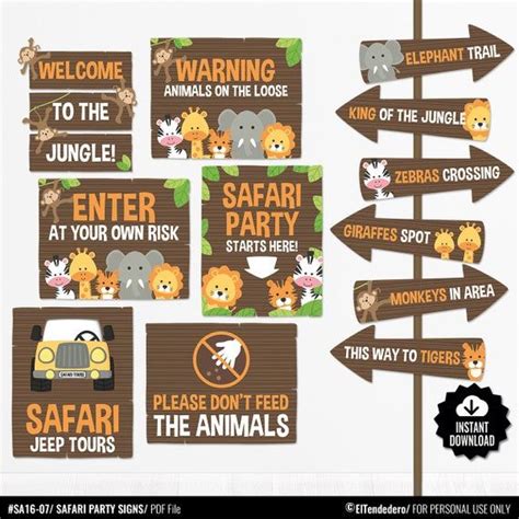 Safari Party Signs Package. Printable Baby Shower Safari Tour Signs Bundle Kids Birthday Jungle ...