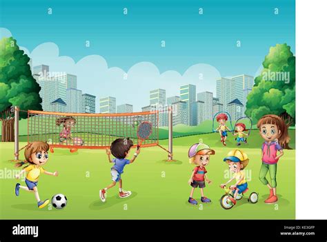 Children playing sports in the park illustration Stock Vector Image ...