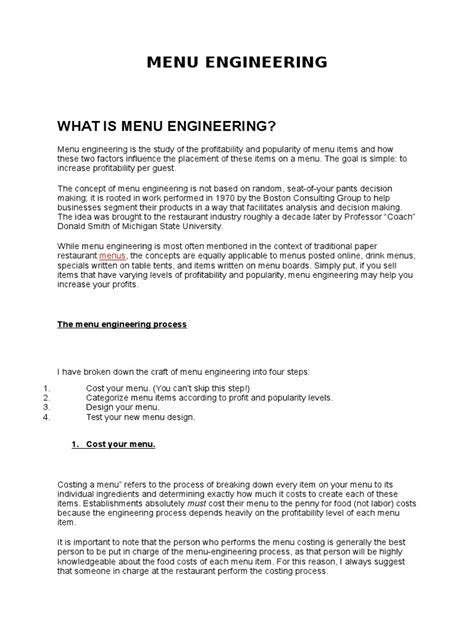 Menu Engineering 1 1 | PDF | Menu | Restaurant And Catering