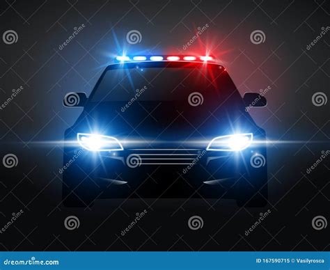 Police Car Light Siren In Night Front View. Patrol Cop Emergency Police ...