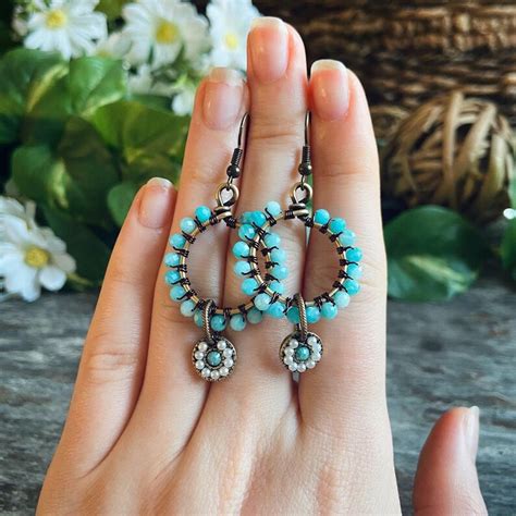 Round Turquoise Boho Artisan Earrings, Hoop Earrings, Gemstone Beaded Earrings, Wire Wrapped ...