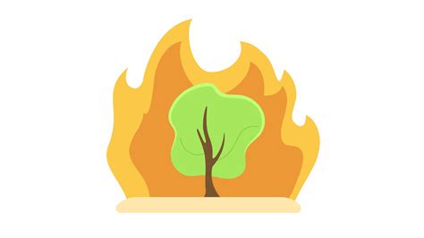 Burning tree in flame cartoon animation. Wildfire conflagration 4K video motion graphic. Heat ...