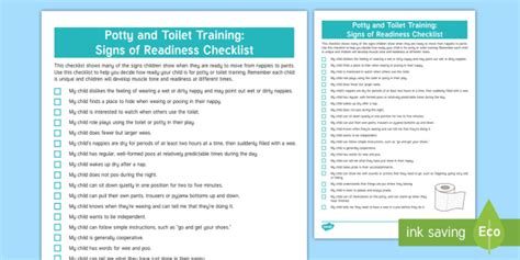 Potty and Toilet Training Signs of Readiness Checklist