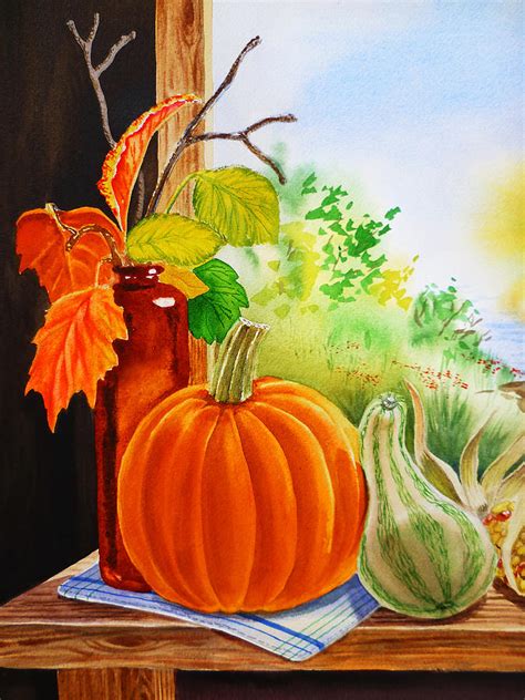 Fall Leaves Pumpkin Gourd Painting by Irina Sztukowski