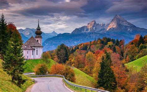 Mount Watzmann, Church Maria Gern, Bavaria, mountain landscape, autumn, mountains, Germany ...