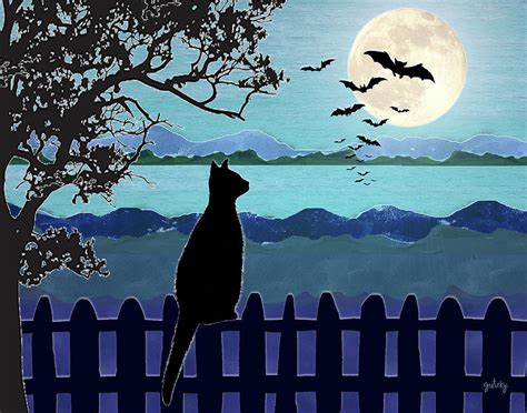 October Moon Cat Silhouette Mixed Media by Paintings by Gretzky - Pixels