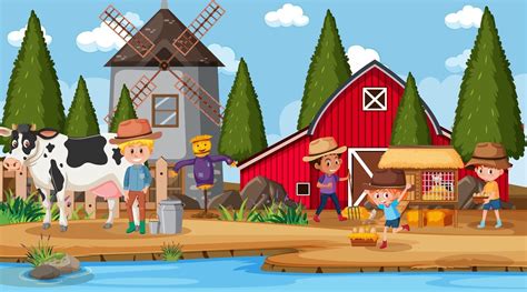 Farm scene with many kids cartoon character and farm animals 2712360 ...