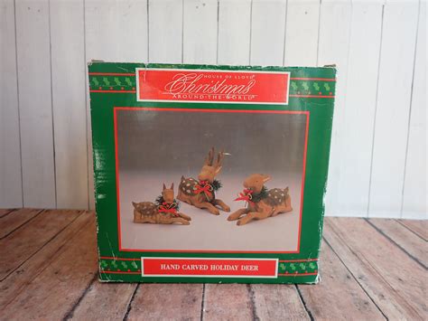 Vintage House of Lloyd Hand Carved Wooden Holiday Deer Set of 3 Christmas Holiday Figurines