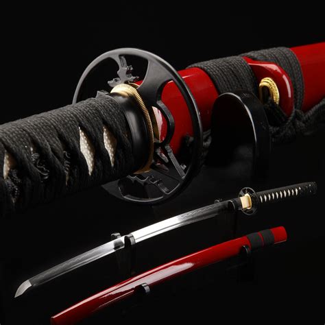 Black And Red Katana | Handmade Japanese Samurai Sword T10 Folded Clay Tempered Steel Real Hamon ...